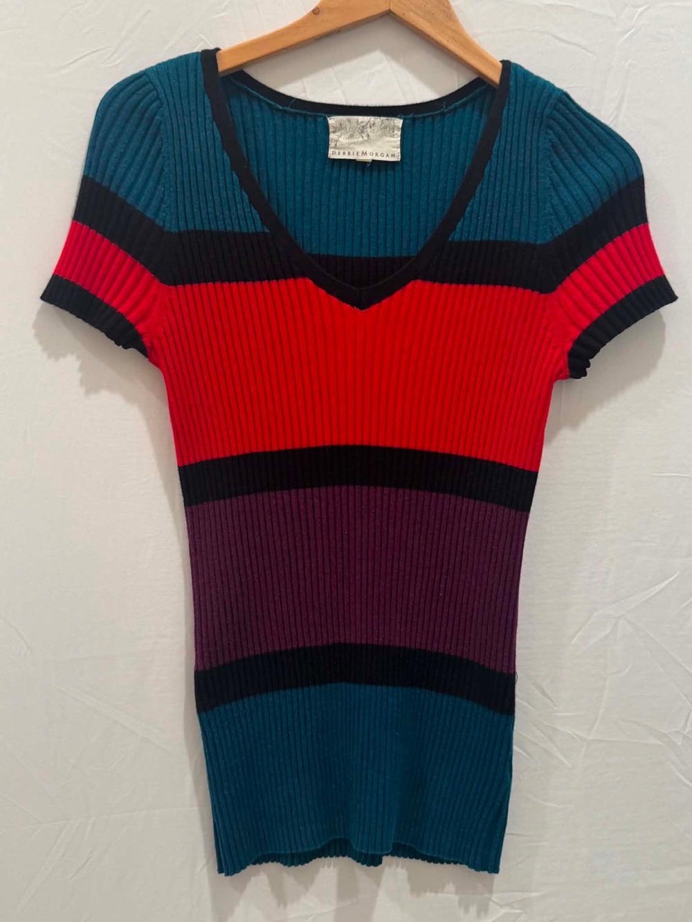 Debbie Morgan Women's Teal Red Purple Striped Ribbed V-Neck Top L